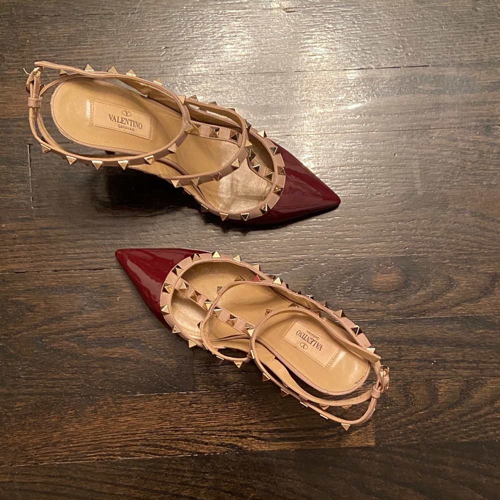 Valentino Burgundy and Tan Rockstud Heels